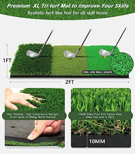 Premium XL tri-turf mat for golf practice with high elasticity, 10mm EVA rubber base.